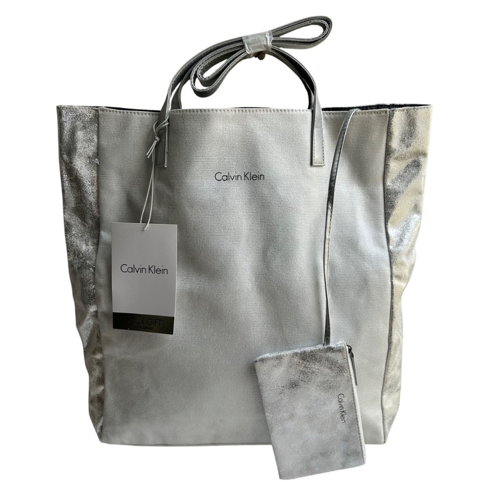 Calvin Klein Large Coated Canvas Tote Bag w/ Silvery Change/ Make-up Bag NWT